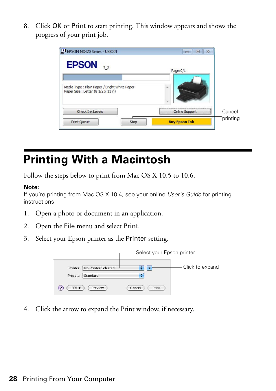 Printing with a macintosh | Epson Stylus NX420 User Manual | Page 28 / 56