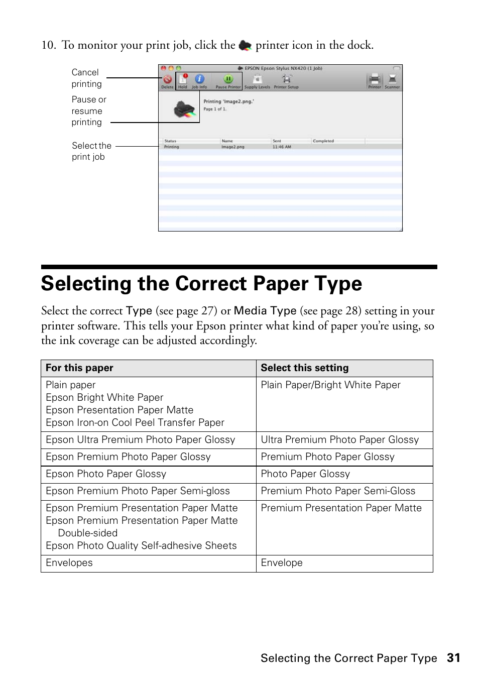 Selecting the correct paper type | Epson Stylus NX420 User Manual | Page 31 / 56