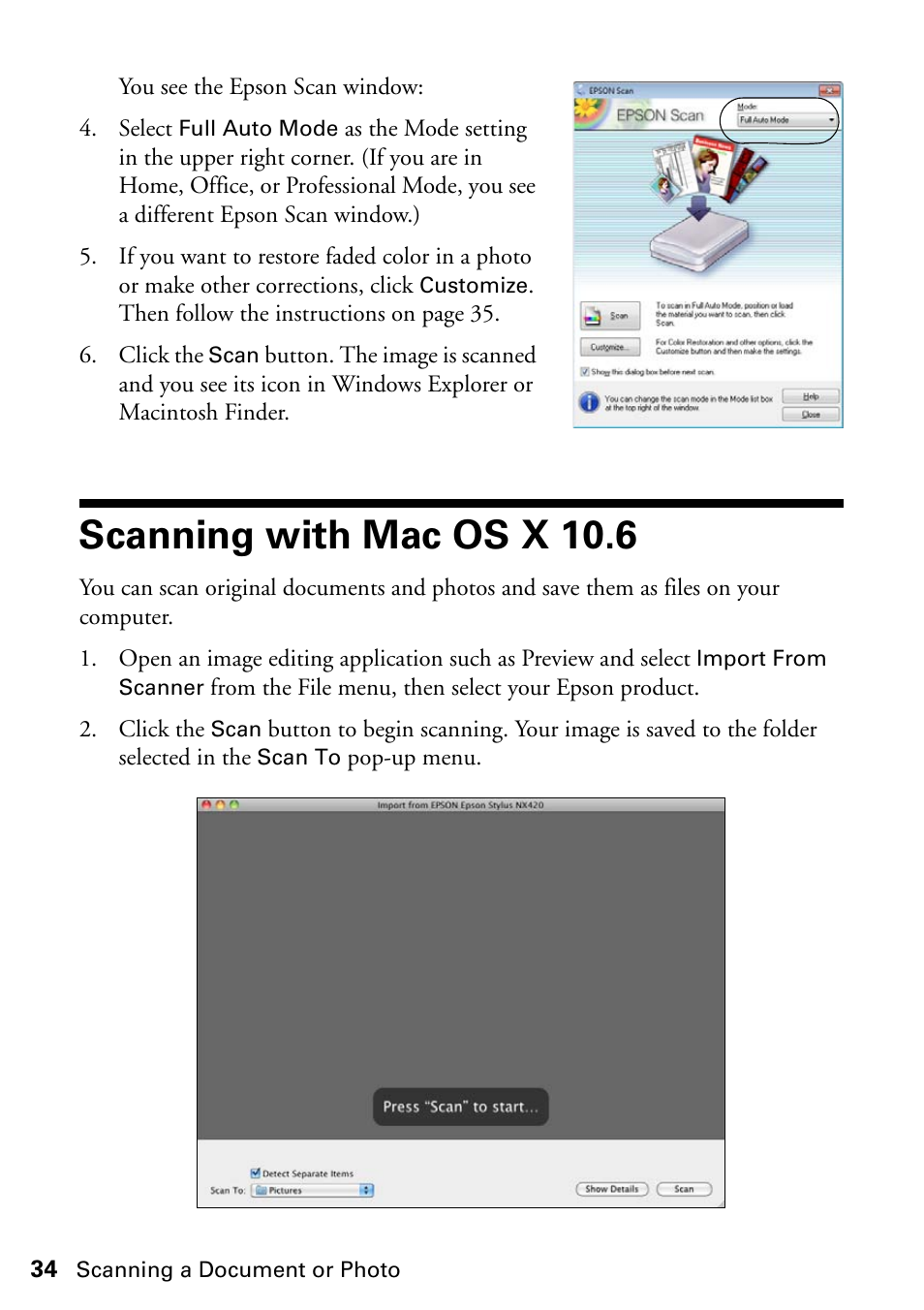 Scanning with mac os x 10.6 | Epson Stylus NX420 User Manual | Page 34 / 56