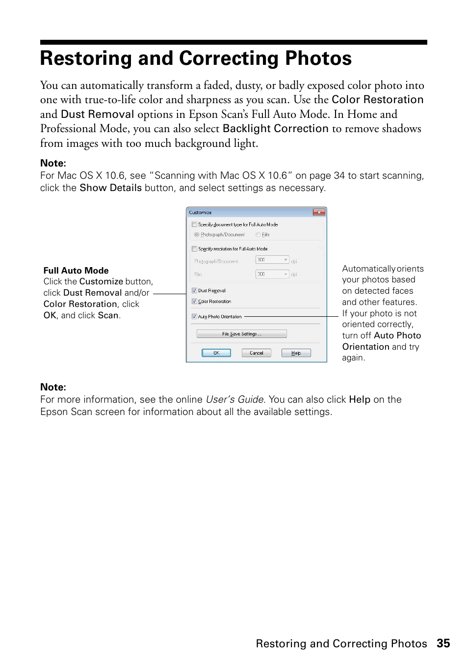 Restoring and correcting photos | Epson Stylus NX420 User Manual | Page 35 / 56