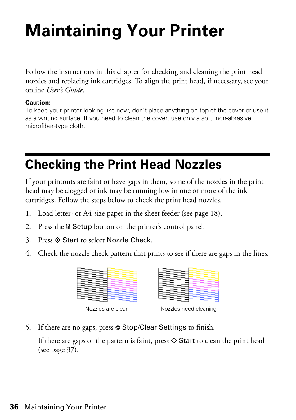 Maintaining your printer, Checking the print head nozzles | Epson Stylus NX420 User Manual | Page 36 / 56