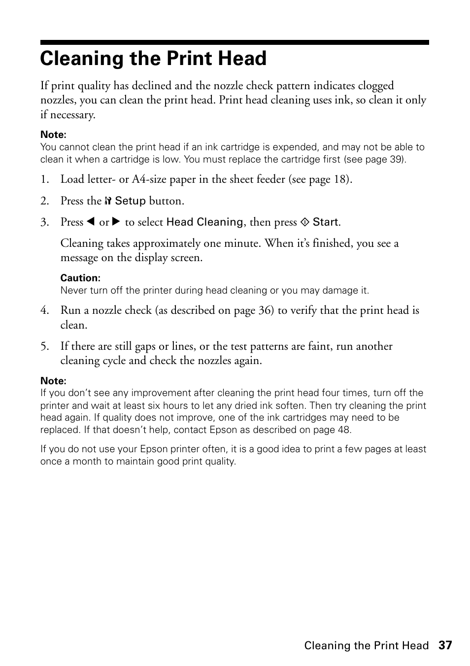 Cleaning the print head | Epson Stylus NX420 User Manual | Page 37 / 56