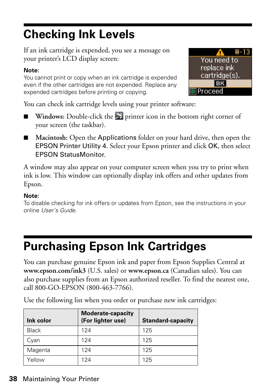 Checking ink levels, Purchasing epson ink cartridges | Epson Stylus NX420 User Manual | Page 38 / 56