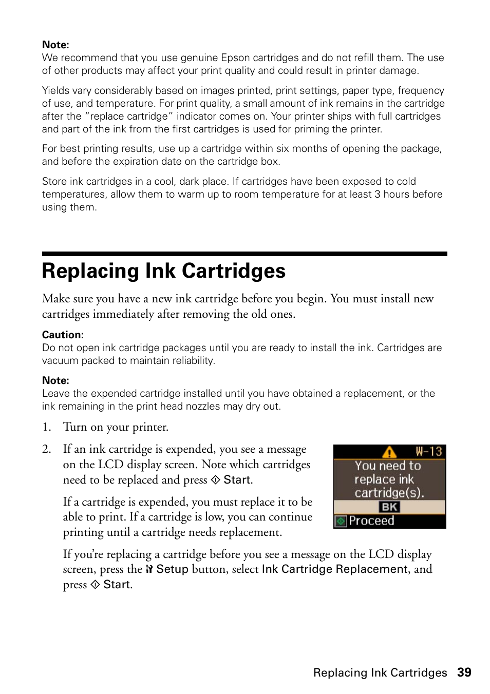 Replacing ink cartridges | Epson Stylus NX420 User Manual | Page 39 / 56