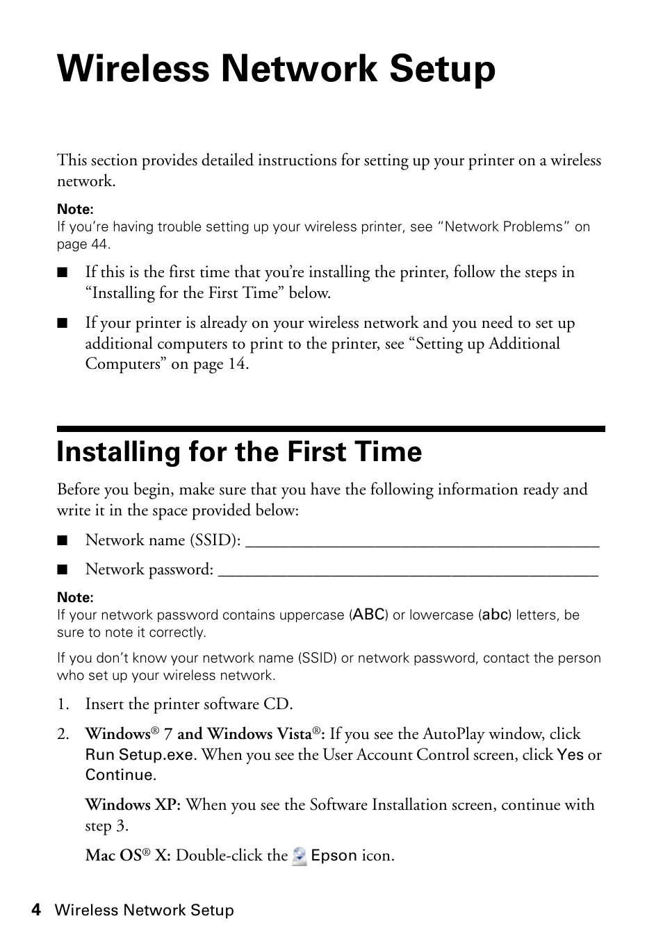 Wireless network setup, Installing for the first time | Epson Stylus NX420 User Manual | Page 4 / 56