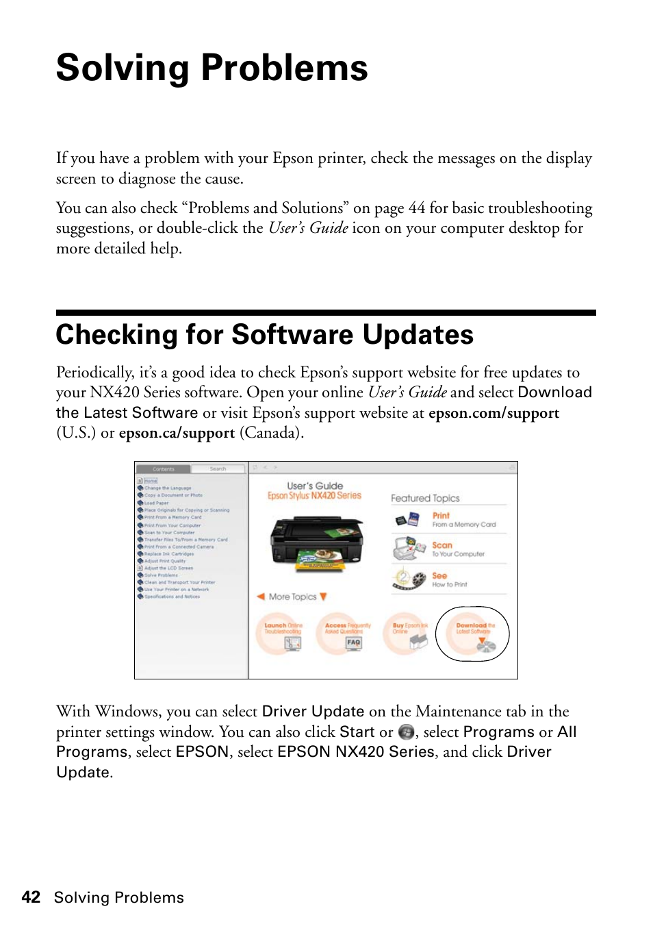 Solving problems, Checking for software updates | Epson Stylus NX420 User Manual | Page 42 / 56