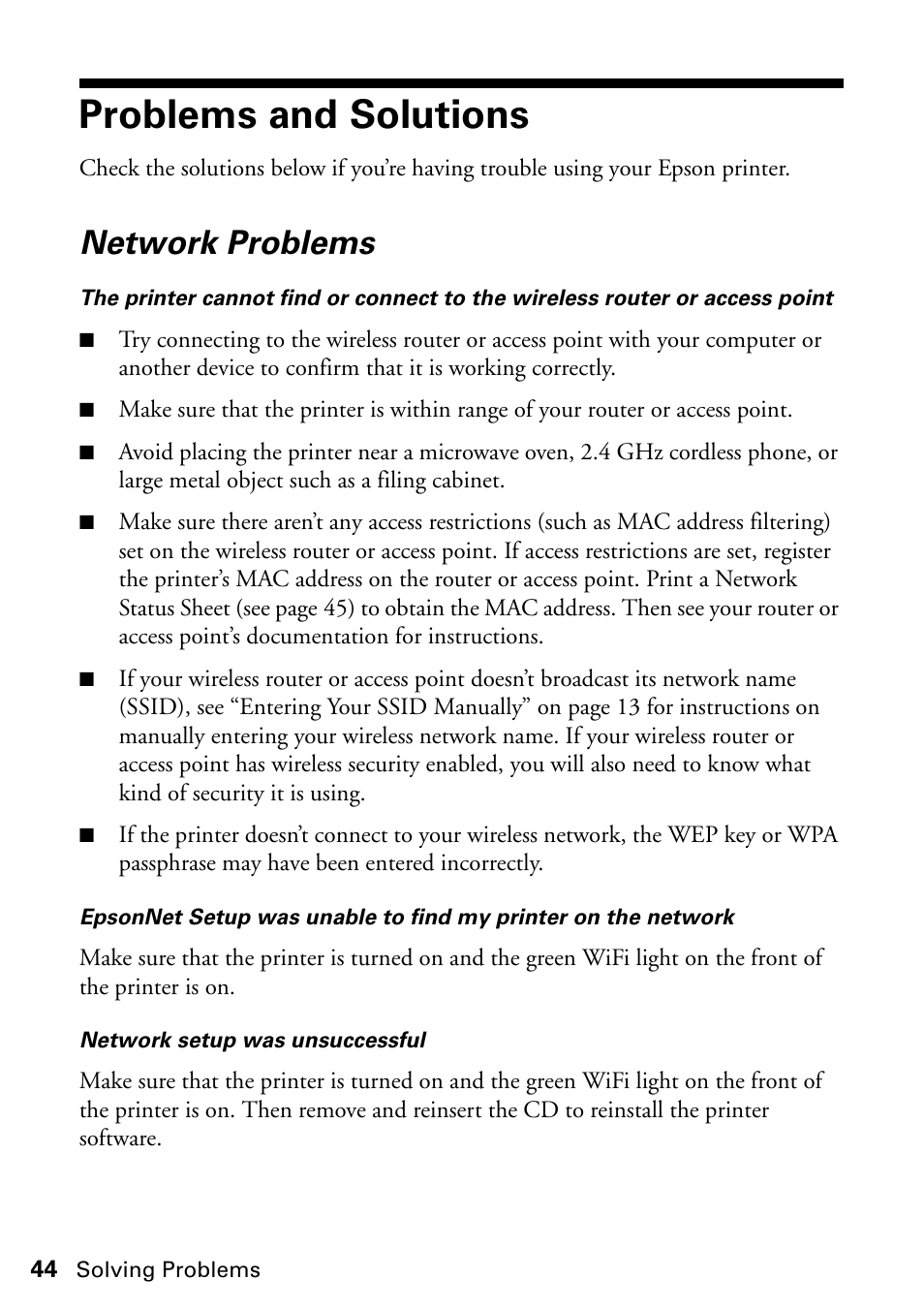 Problems and solutions, Network problems | Epson Stylus NX420 User Manual | Page 44 / 56