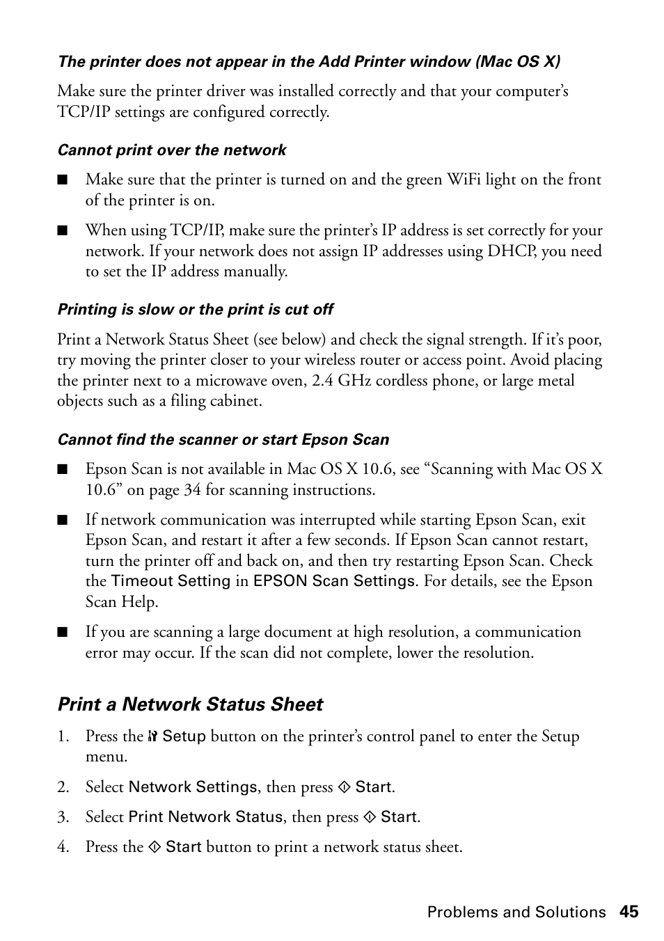 Print a network status sheet | Epson Stylus NX420 User Manual | Page 45 / 56