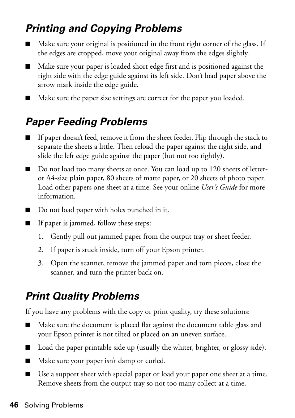 Printing and copying problems, Paper feeding problems, Print quality problems | Epson Stylus NX420 User Manual | Page 46 / 56