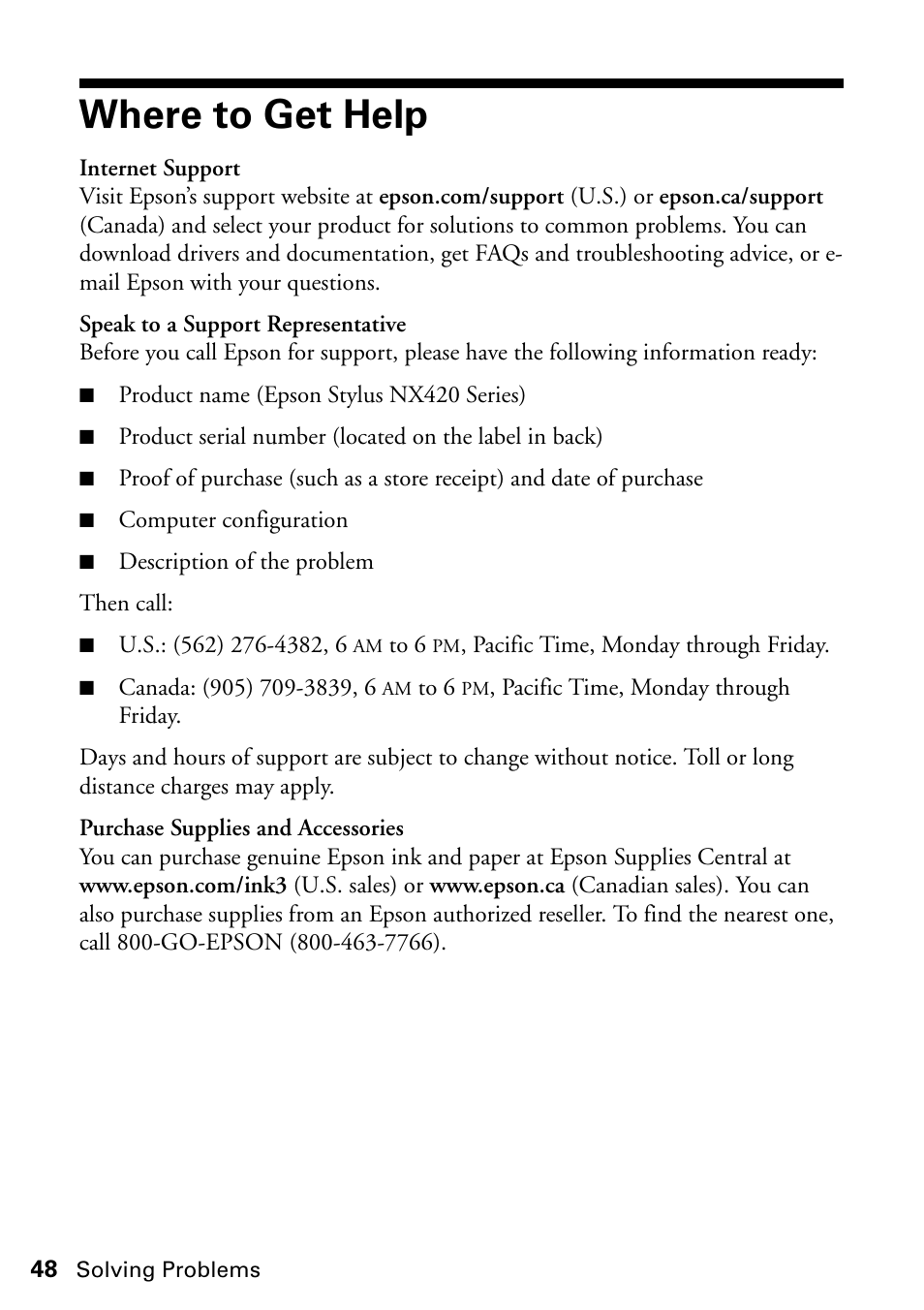 Where to get help | Epson Stylus NX420 User Manual | Page 48 / 56