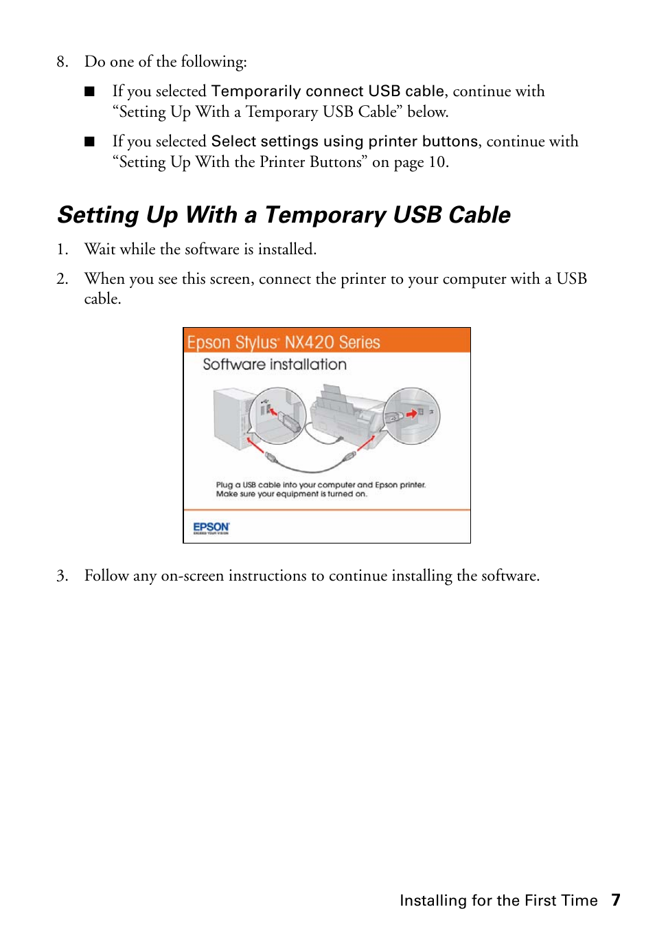 Setting up with a temporary usb cable | Epson Stylus NX420 User Manual | Page 7 / 56