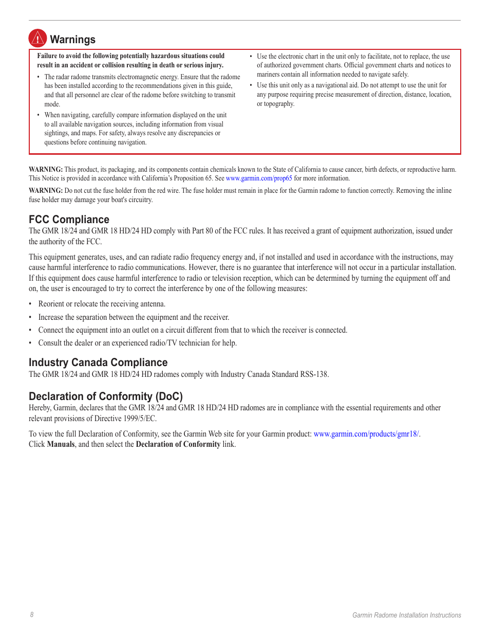 Fcc compliance, Industry canada compliance, Declaration of conformity (doc) | Warnings | Garmin GMR24 Hd User Manual | Page 10 / 12