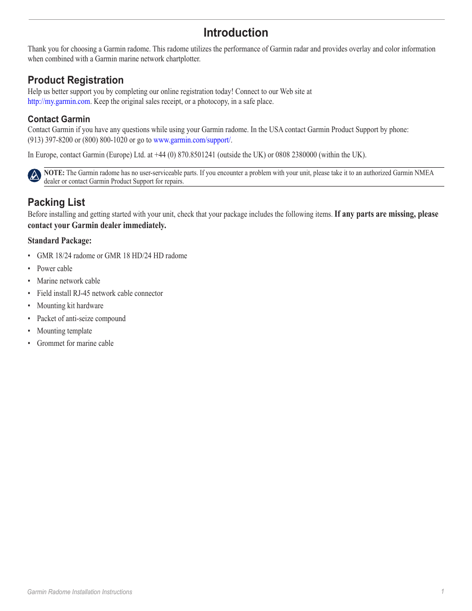 Introduction, Product registration, Packing list | Garmin GMR24 Hd User Manual | Page 3 / 12