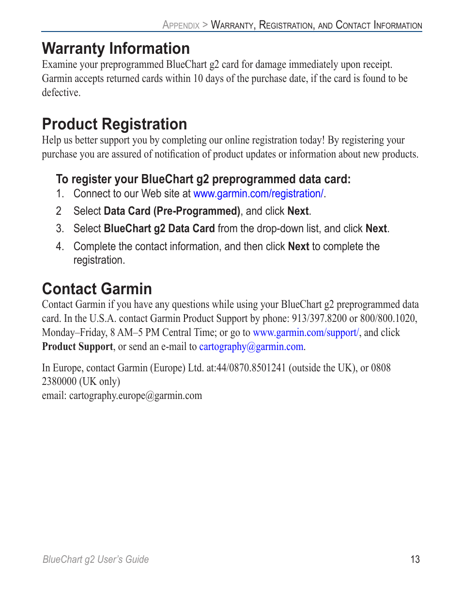 Warranty information, Product registration, Contact garmin | Garmin BLUECHART G2 User Manual | Page 21 / 24