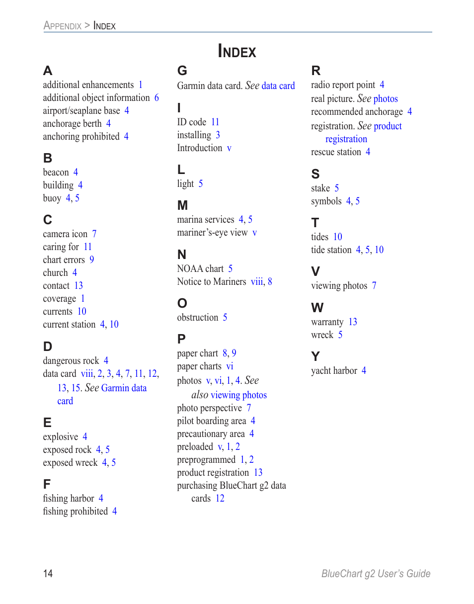 Index, Ndex | Garmin BLUECHART G2 User Manual | Page 22 / 24