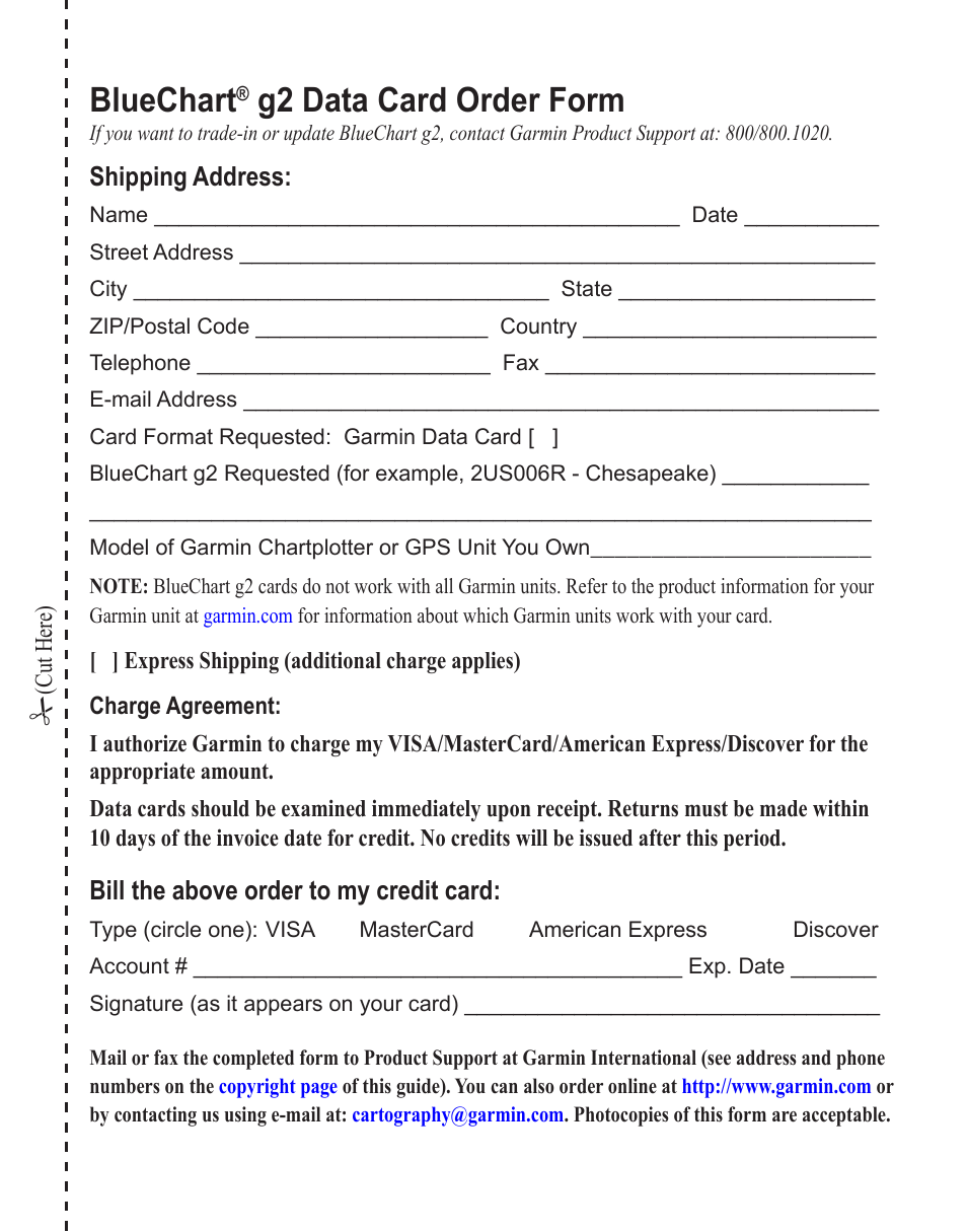 Bluechart® g2 data card order form, Bluechart, G2 data card order form | Garmin BLUECHART G2 User Manual | Page 23 / 24