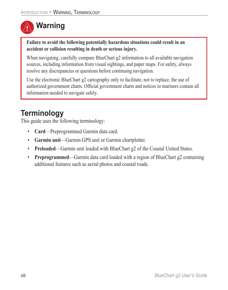 Terminology, Warning, Viii | Warning terminology | Garmin BLUECHART G2 User Manual | Page 8 / 24