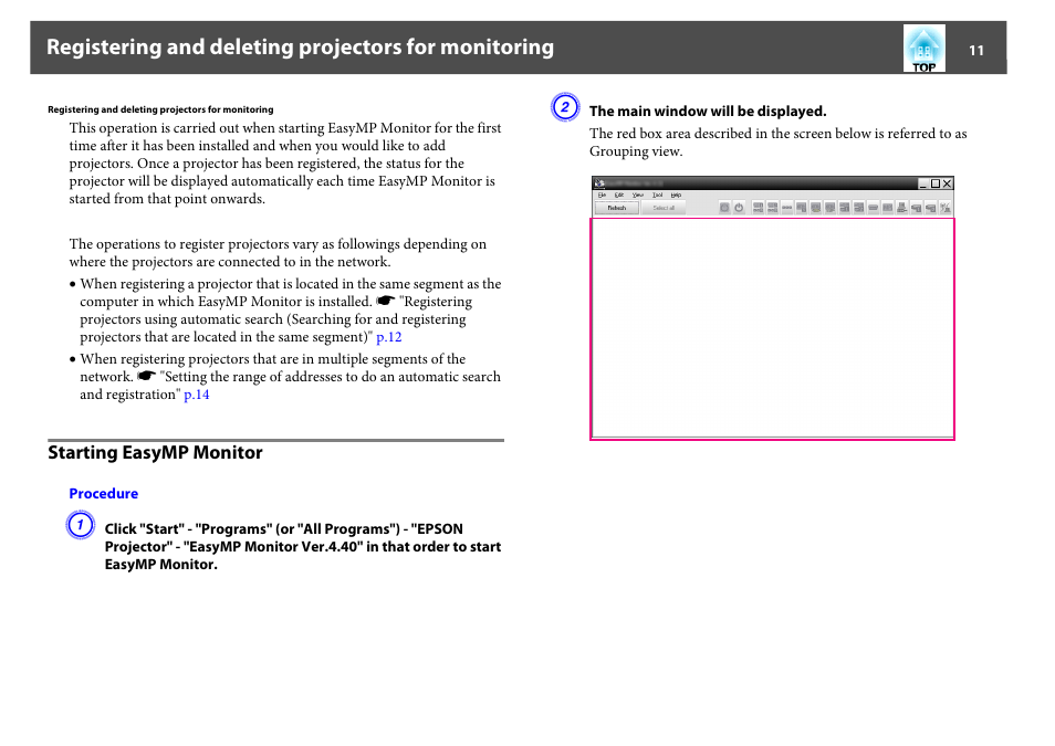 Registering and deleting projectors for monitoring, Starting easymp monitor | Epson EasyMP User Manual | Page 11 / 47