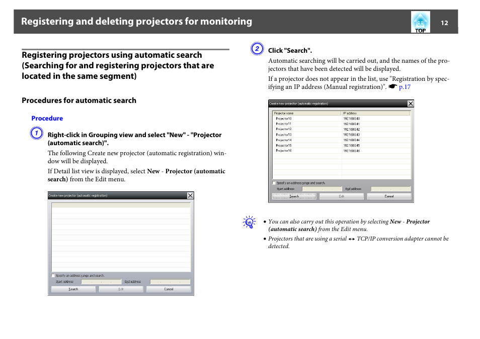 Procedures for automatic search, P.12, Registering and deleting projectors for monitoring | Epson EasyMP User Manual | Page 12 / 47