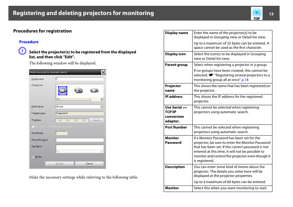Procedures for registration, Registering and deleting projectors for monitoring | Epson EasyMP User Manual | Page 13 / 47