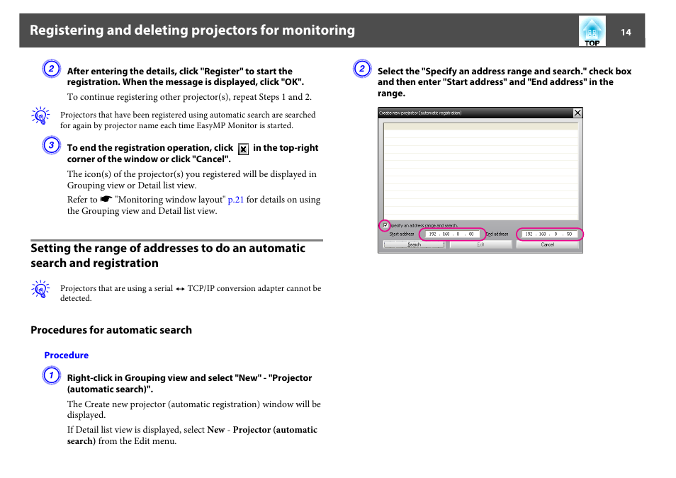 Procedures for automatic search, P.14 | Epson EasyMP User Manual | Page 14 / 47