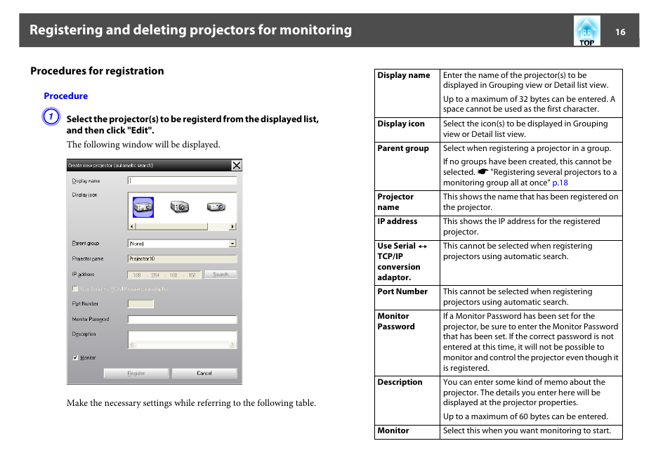 Procedures for registration, Registering and deleting projectors for monitoring | Epson EasyMP User Manual | Page 16 / 47