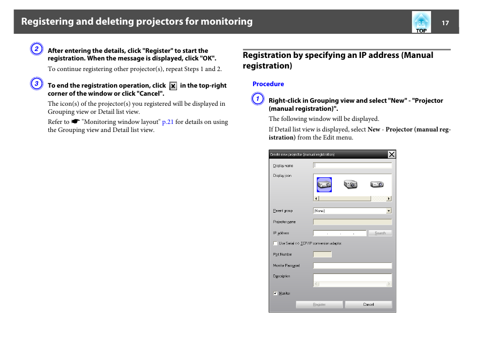 Registering and deleting projectors for monitoring | Epson EasyMP User Manual | Page 17 / 47