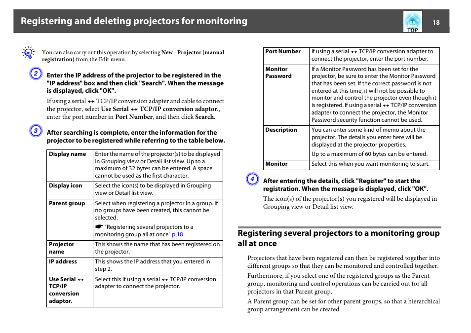 Registering and deleting projectors for monitoring | Epson EasyMP User Manual | Page 18 / 47