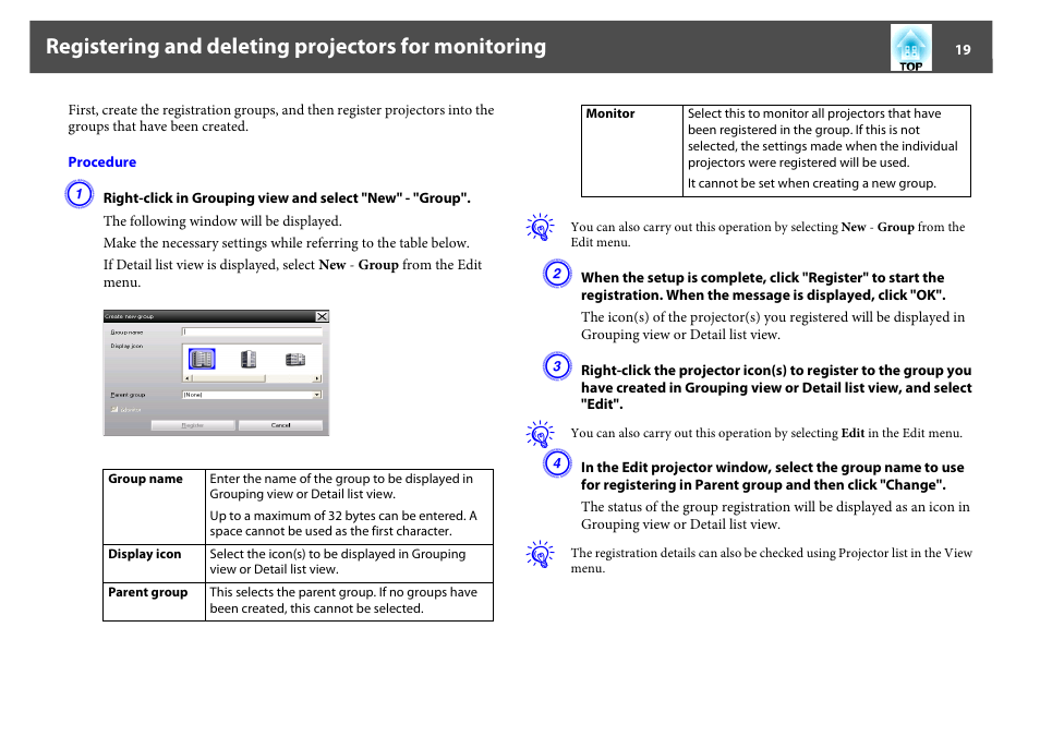 Registering and deleting projectors for monitoring | Epson EasyMP User Manual | Page 19 / 47