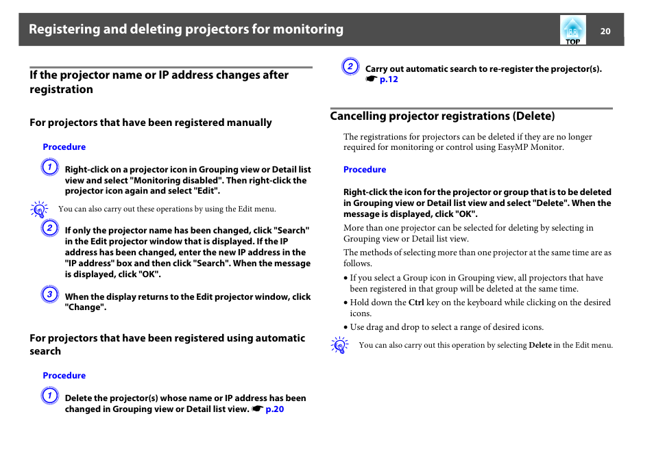 Cancelling projector registrations (delete), Cancelling projector registrations | Epson EasyMP User Manual | Page 20 / 47