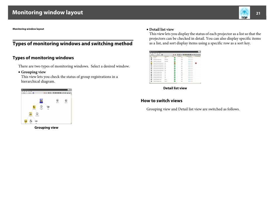 Monitoring window layout, Types of monitoring windows and switching method, Types of monitoring windows how to switch views | Epson EasyMP User Manual | Page 21 / 47