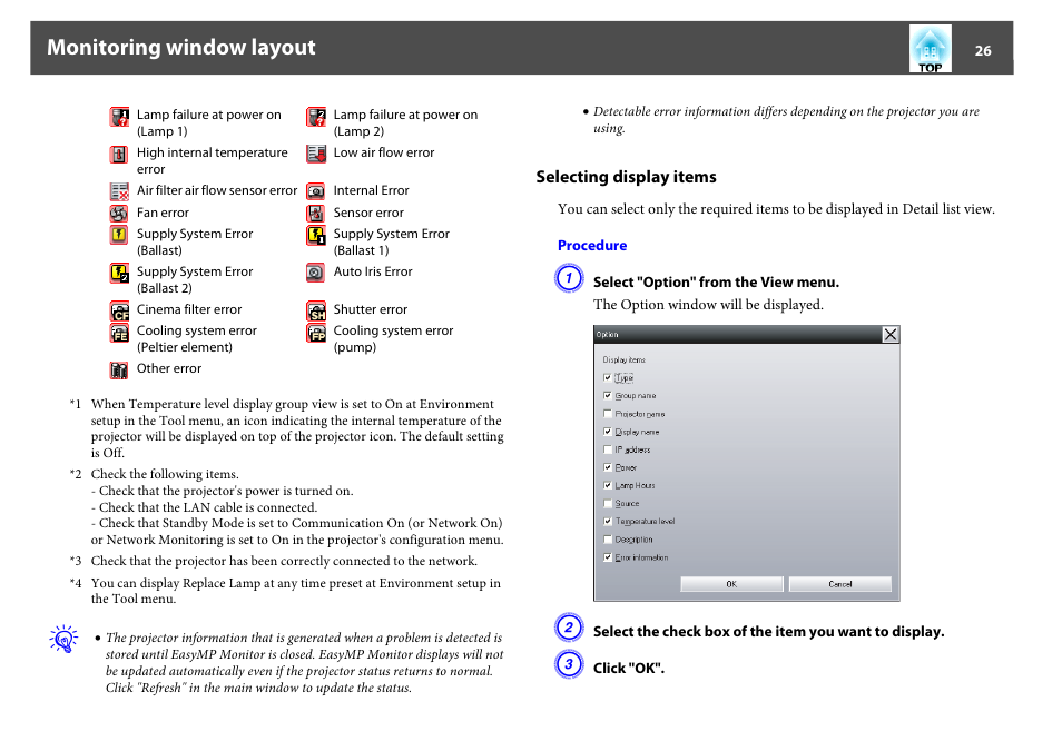 Selecting display items, Monitoring window layout | Epson EasyMP User Manual | Page 26 / 47