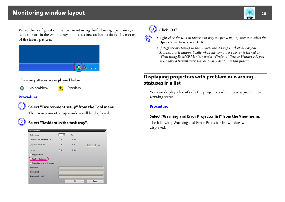 P.28, Monitoring window layout | Epson EasyMP User Manual | Page 28 / 47