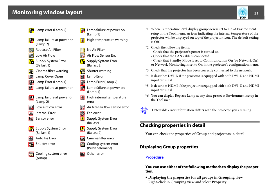 Checking properties in detail, Displaying g, Monitoring window layout | Epson EasyMP User Manual | Page 31 / 47