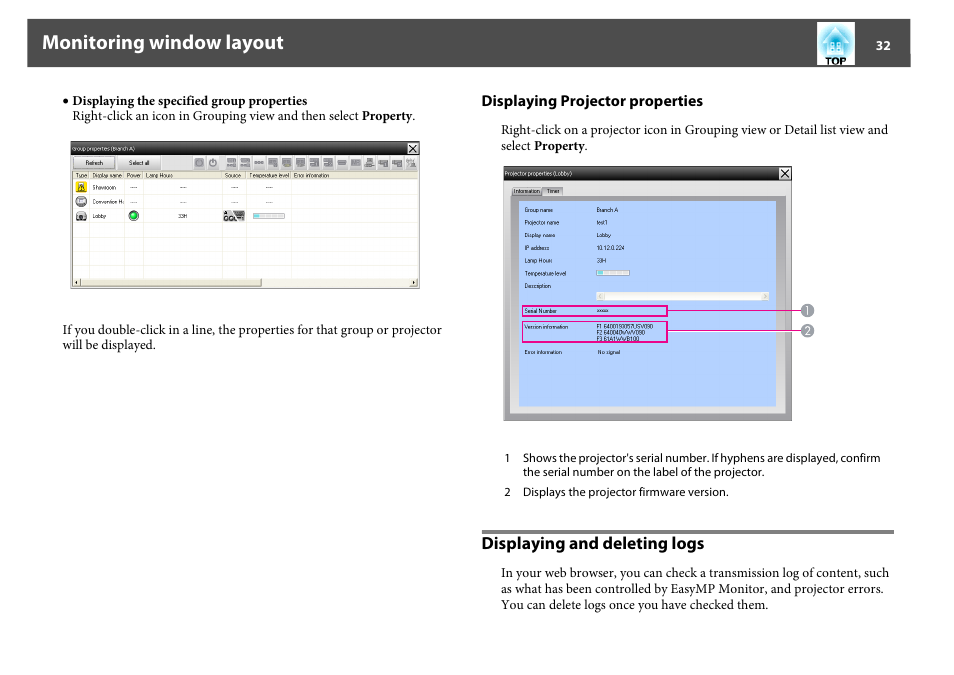 Displaying and deleting logs, Displaying proj, Monitoring window layout | Epson EasyMP User Manual | Page 32 / 47