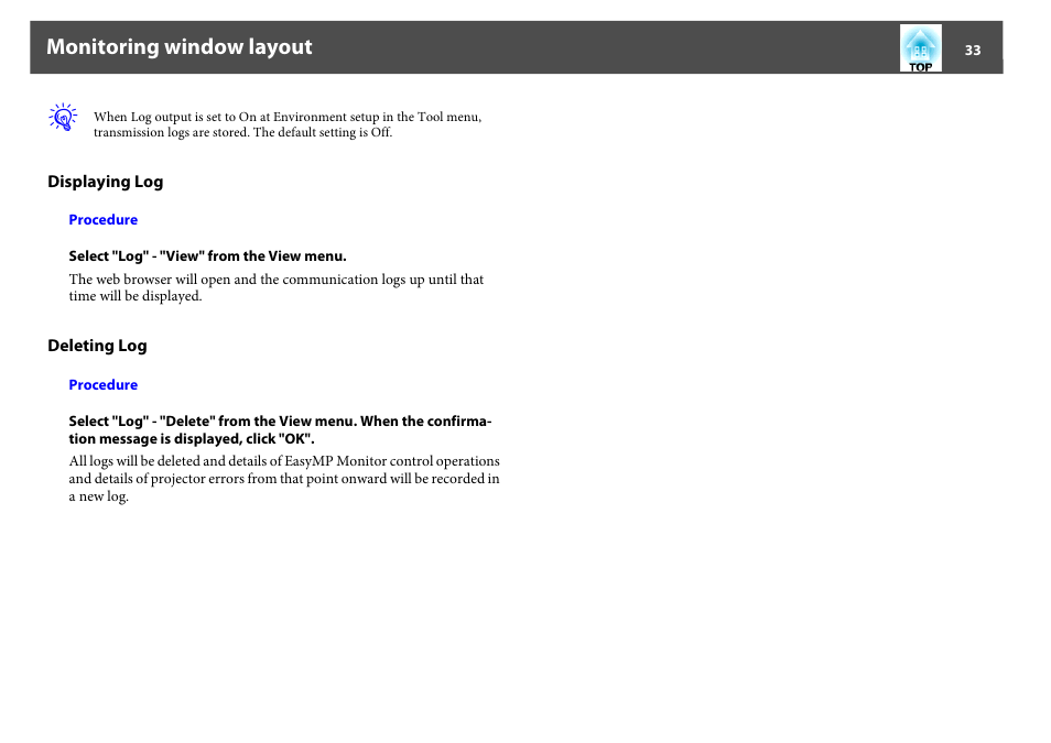 Displaying l, Deleting, Monitoring window layout | Epson EasyMP User Manual | Page 33 / 47