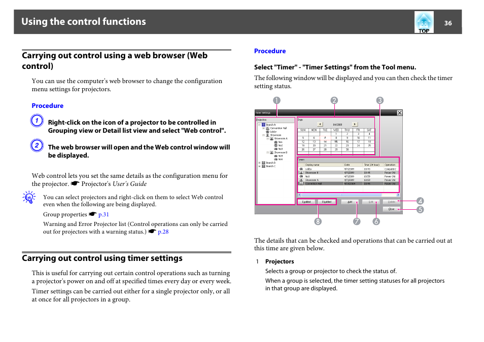 Carrying out control using timer settings, Carrying out control using a web browser (web, Using the control functions | Epson EasyMP User Manual | Page 36 / 47