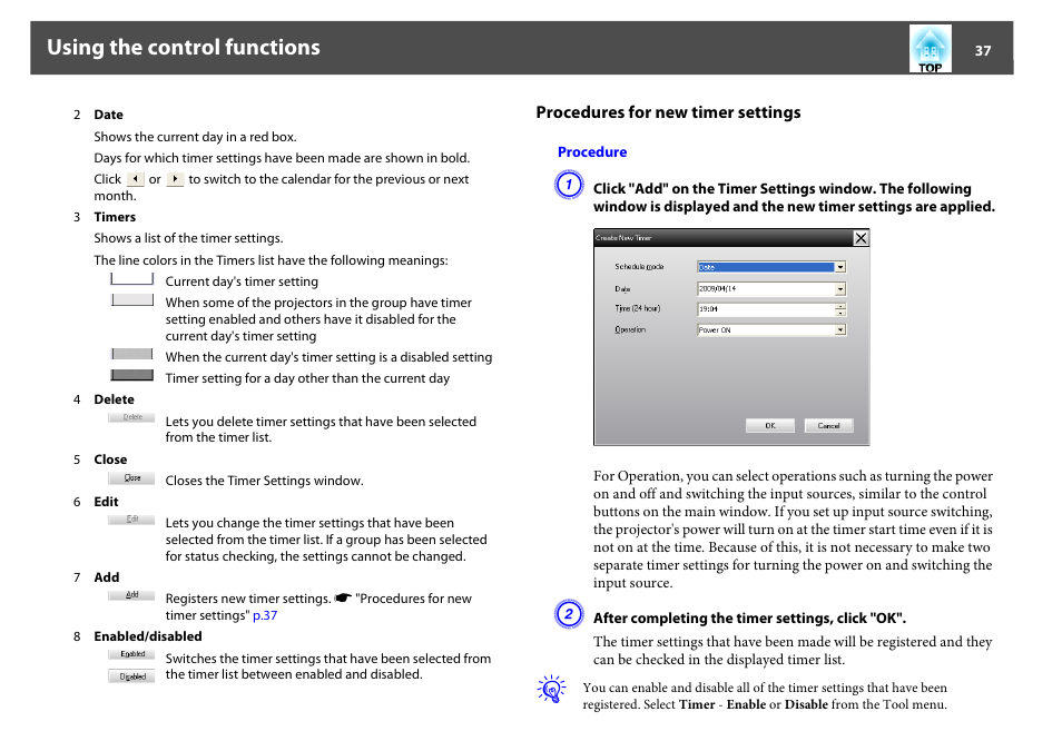 Procedures for new timer settings, Using the control functions | Epson EasyMP User Manual | Page 37 / 47