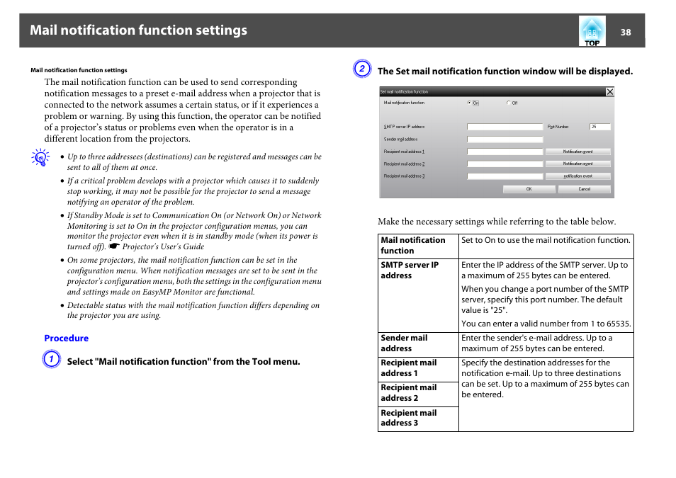 Mail notification function settings, Mail notification function s | Epson EasyMP User Manual | Page 38 / 47