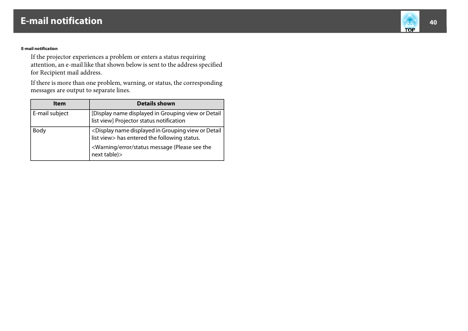 E-mail notification | Epson EasyMP User Manual | Page 40 / 47