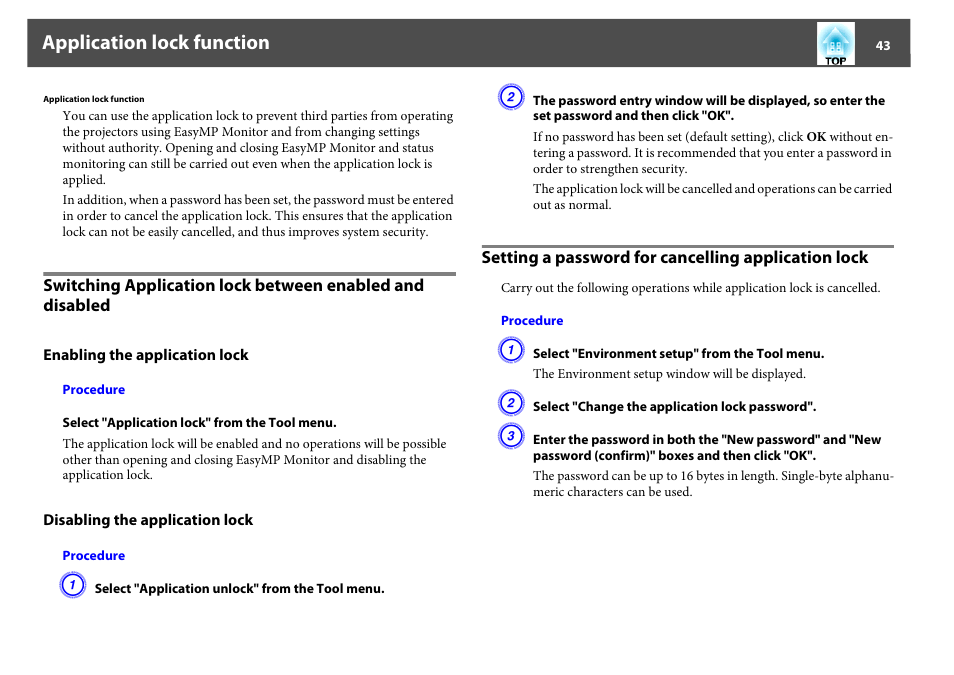 Application lock function, Setting a password for cancelling application lock, Switching | Epson EasyMP User Manual | Page 43 / 47