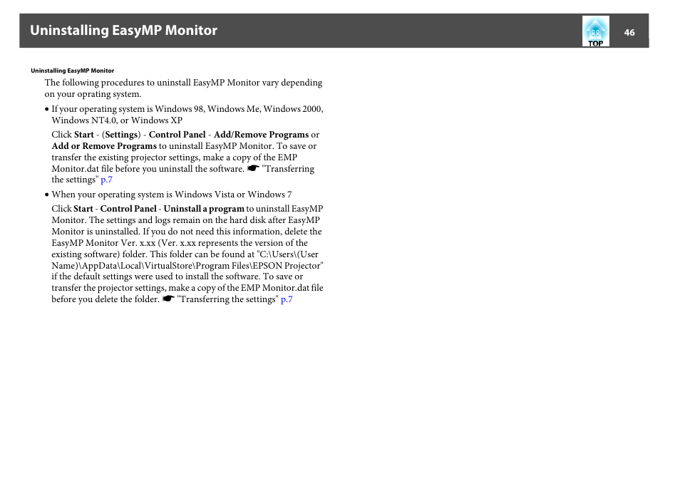 Uninstalling easymp monitor | Epson EasyMP User Manual | Page 46 / 47