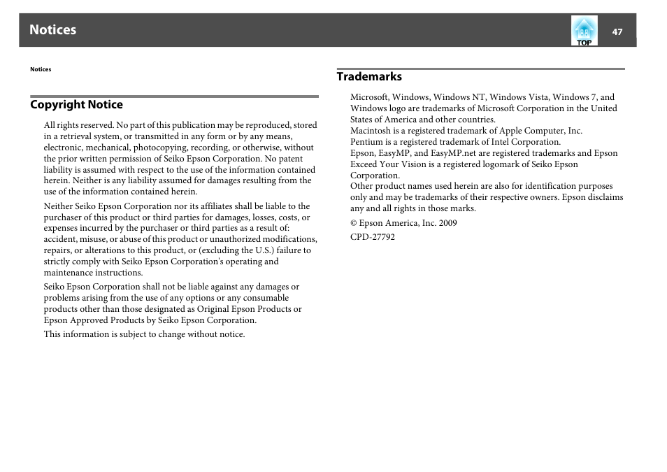 Notices, Copyright notice, Trademarks | Copyright notice trademarks | Epson EasyMP User Manual | Page 47 / 47