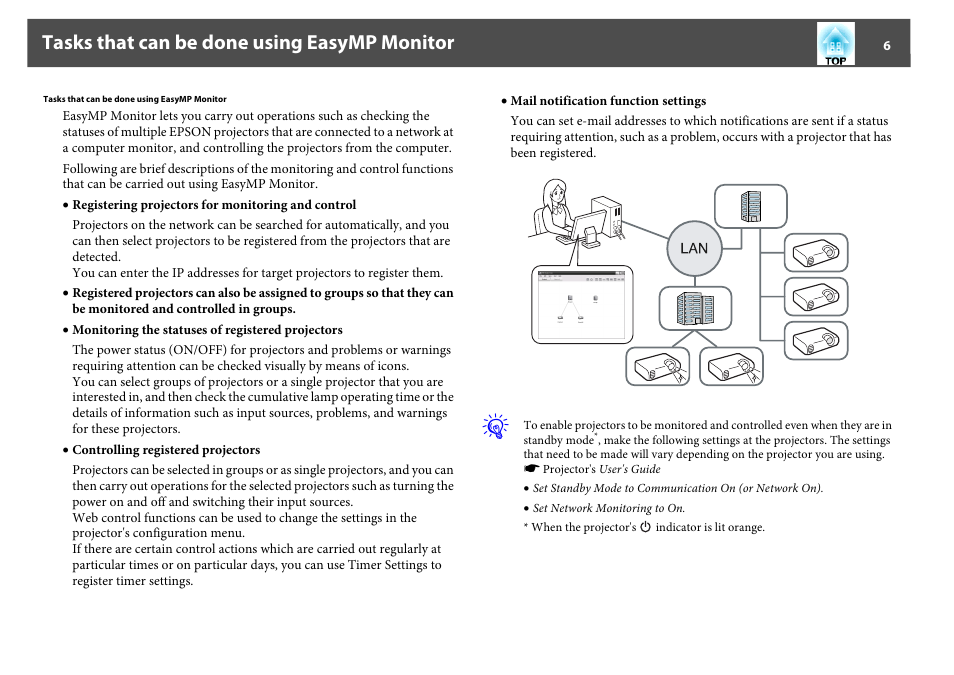 Tasks that can be done using easymp monitor | Epson EasyMP User Manual | Page 6 / 47