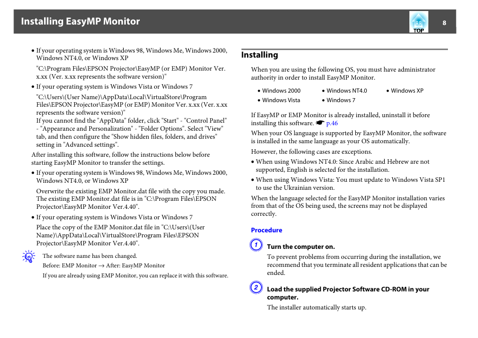Installing, Installing easymp monitor | Epson EasyMP User Manual | Page 8 / 47