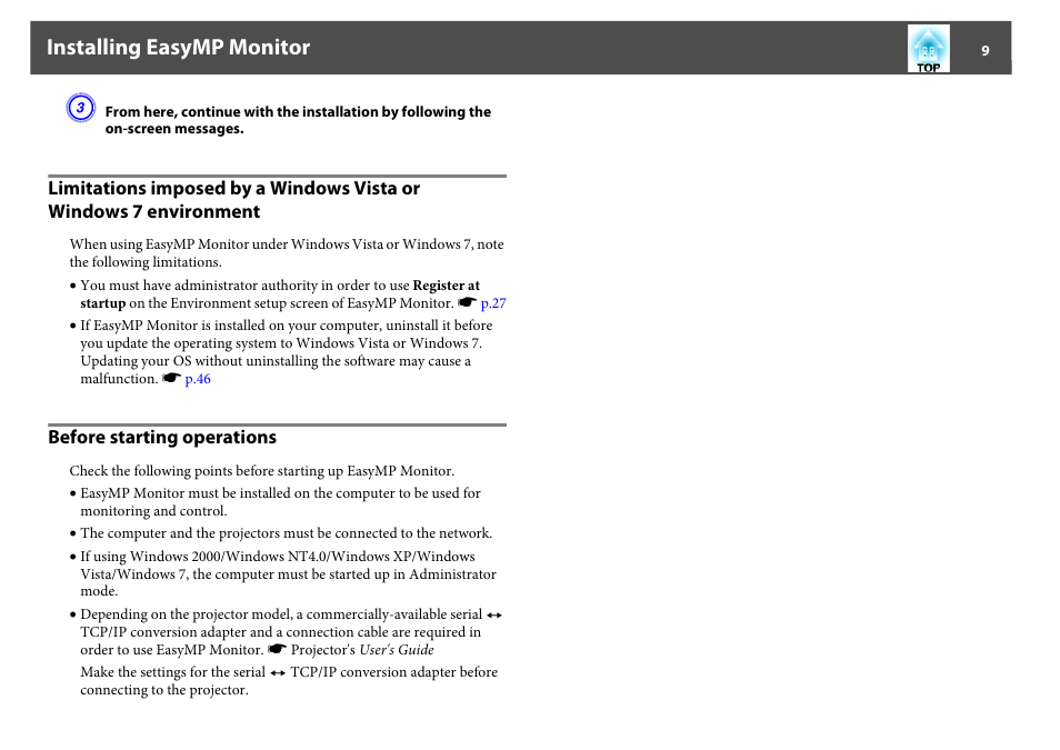 Before starting operations, Installing easymp monitor | Epson EasyMP User Manual | Page 9 / 47