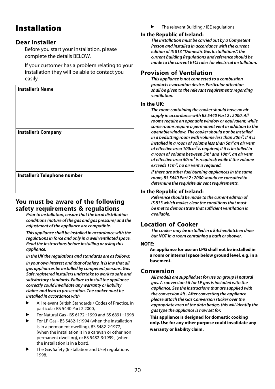 Installation, Dear installer, Provision of ventilation | Location of cooker, Conversion | Falcon 210 GEO T DL User Manual | Page 20 / 36
