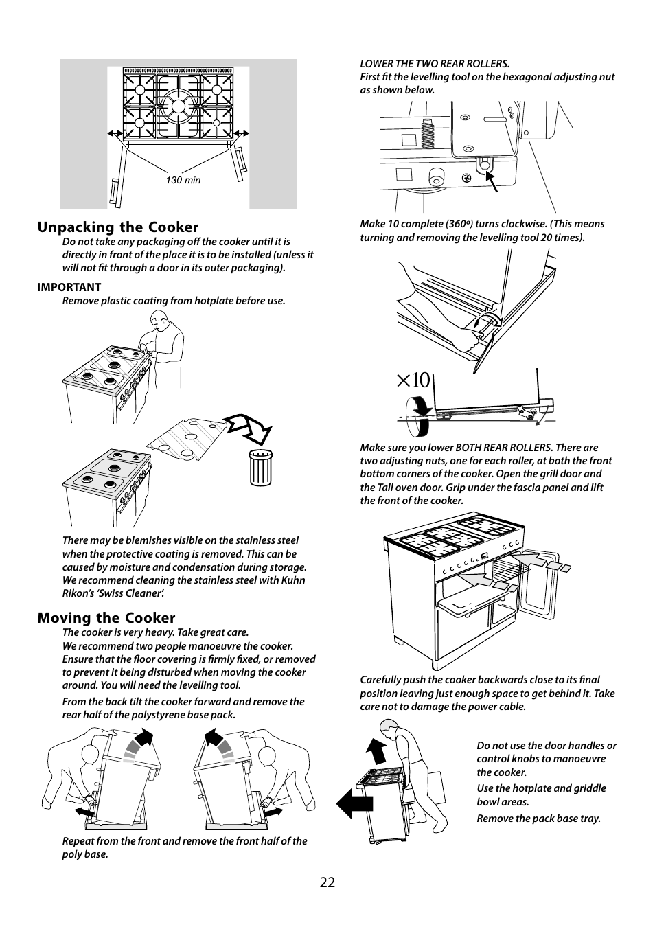 22 unpacking the cooker, Moving the cooker | Falcon 210 GEO T DL User Manual | Page 22 / 36