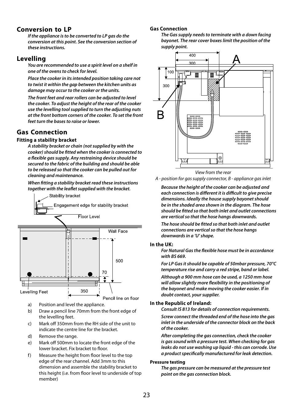 23 conversion to lp, Levelling, Gas connection | Falcon 210 GEO T DL User Manual | Page 23 / 36