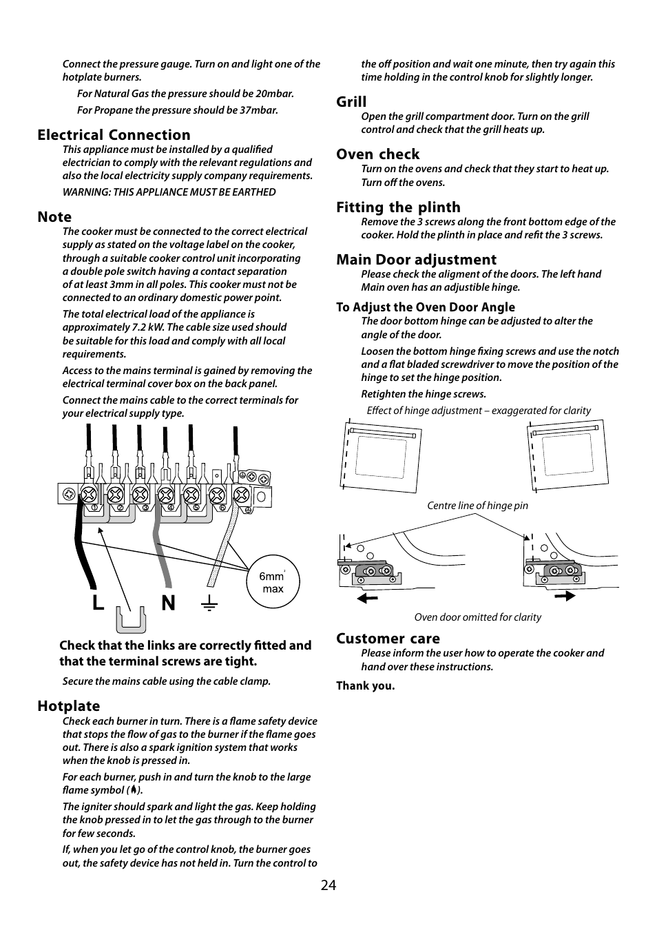 Electrical connection, Hotplate, Grill | Oven check, Fitting the plinth, Main door adjustment, Customer care | Falcon 210 GEO T DL User Manual | Page 24 / 36